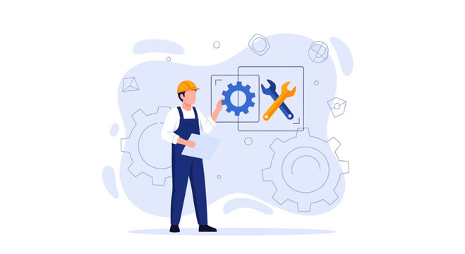 Engineer inspecting gears and tools, symbolizing industry, maintenance, and technical solutions
