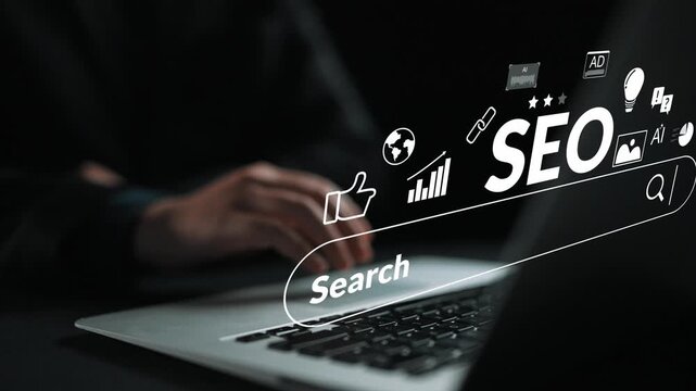 Conceptual image of a person using a laptop with graphics of SEO, search functionality, analytics, digital marketing, and online engagement in a dark environment Gluon.