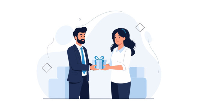 Man in suit gives woman a gift box, vector illustration, concept of giving, receiving, celebration, business