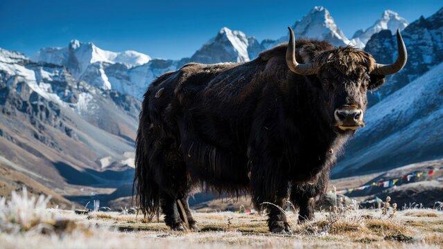 A large black yak standing in the high himalayan mountains with snowy peaks and colorful prayer flags in the background on a bright sunny day during a trekking adventure trip