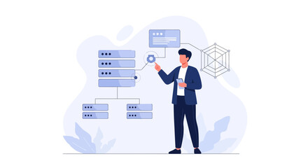 Obraz premium Man interacting with data server and network diagram, business technology concept illustration