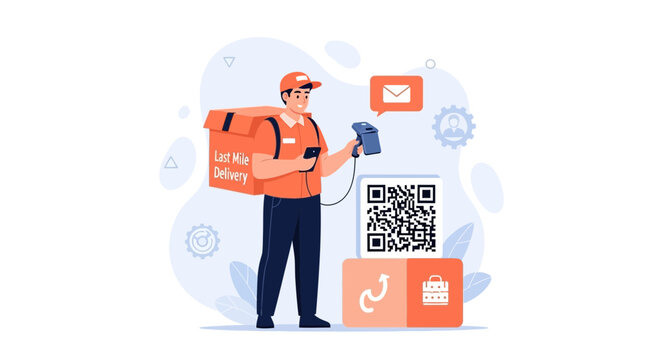 Last Mile Delivery Courier with Scanner, QR Code, and Icons Representing Service, Shipping, and Communication