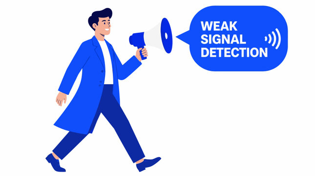 Man in blue suit holding megaphone with signal icon.