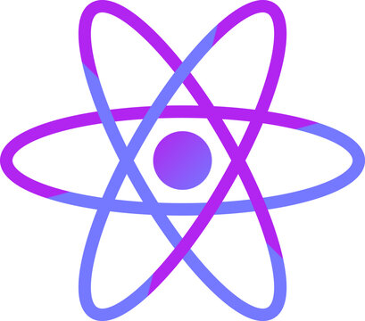 Stylized purple blue atomic symbol with central nucleus plus three intersecting elliptical orbit paths illustration