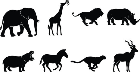African safari animals black silhouettes vector collection featuring elephant lion giraffe rhino cheetah zebra and hippo icons isolated on white background © MstRehna