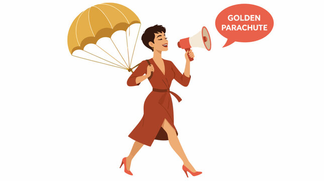 Woman with golden parachute and fan illustration.