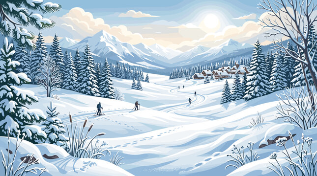 Serene Winter Mountain Landscape with Snow-Covered Trees and Ski Trails