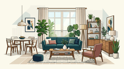 Fototapeta premium Stylish Modern Living Room with Green Plants and Cozy Furniture