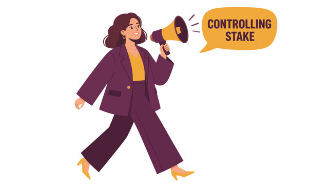 Businesswoman holding megaphone with controlling stake text.