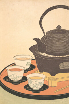 Coffee Tea Japanese Ukiyo e Vertical Illustration