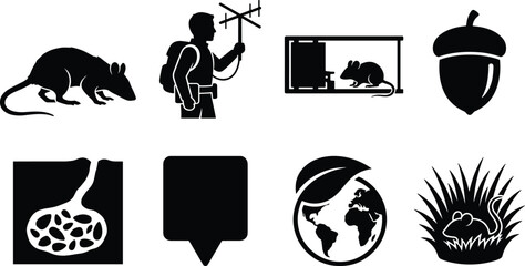 Rodent control research and wildlife tracking black icons vector set featuring rat trap scientist antenna burrow and acorn isolated © MstRehna