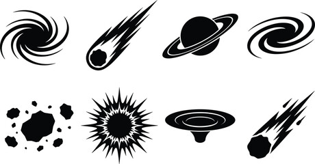Set of black outer space silhouette icons including planets comet asteroid galaxy and black hole isolated on white background © MstRehna
