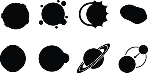 Set of black space planet silhouette icons including saturn solar eclipse asteroid and planetary orbit isolated on white background © MstRehna