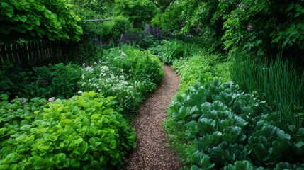Fototapeta premium Lush Green Pathway Surrounded by Vibrant Foliage and Garden Plants in a Tranquil Outdoor Setting Ideal for Nature Lovers and Garden Enthusiasts