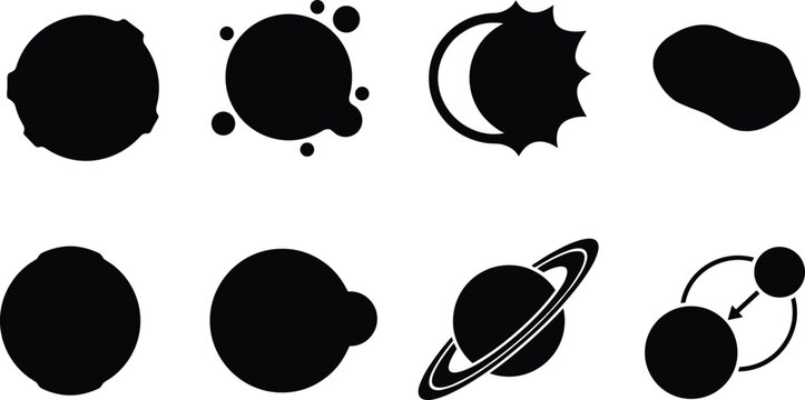Set of black space planet silhouette icons including saturn solar eclipse asteroid and planetary orbit isolated on white background