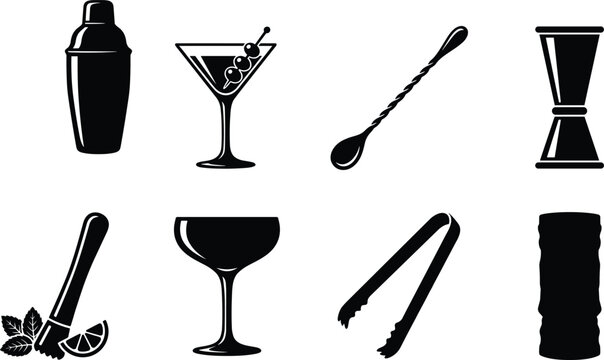 Set of professional bar tools and cocktail glassware silhouette icons featuring shaker martini glass jigger and muddler isolated on white background
