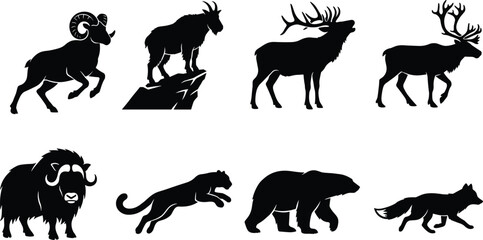 Wild mountain and arctic animals black silhouettes vector collection featuring elk caribou ram muskox bear and cougar icons isolated © MstRehna