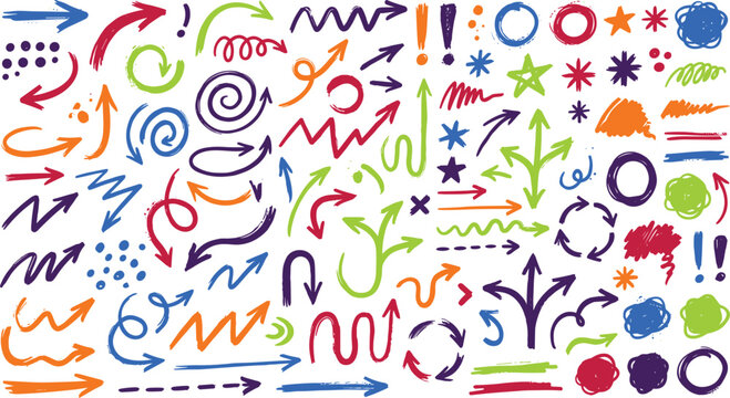 Hand drawn colorful doodle arrow and abstract shape icon set with chalk brush strokes lines pointers graphic design vector