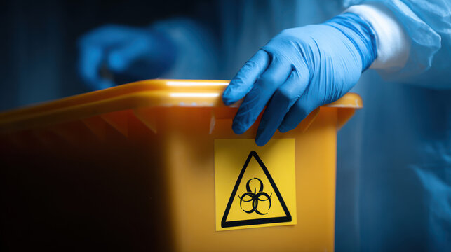 A gloved hand reaching for a biohazard waste bin with a yellow lid and warning sign