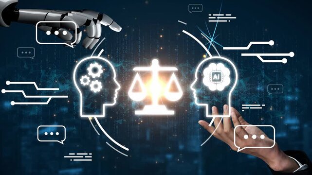 Robot hand pointing towards abstract human heads with balanced scales symbolizing artificial intelligence and ethics in futuristic technology landscape Gluon.