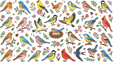 Hand Drawn Cute Colorful Bird Vector Illustration Set with Spring Flowers Singing Birds and Nest for Creative Background Designs © Ruhul