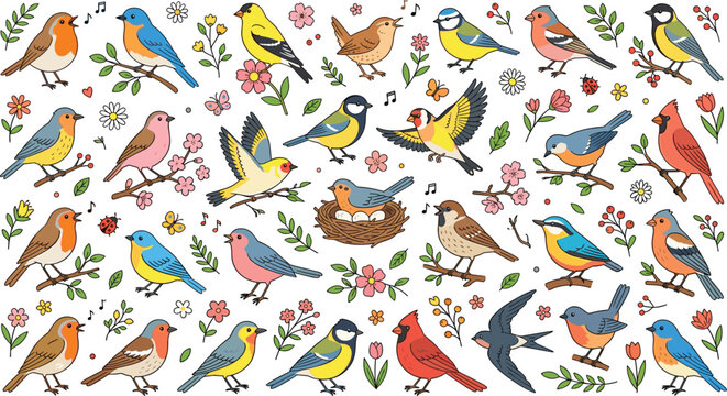 Hand Drawn Cute Colorful Bird Vector Illustration Set with Spring Flowers Singing Birds and Nest for Creative Background Designs