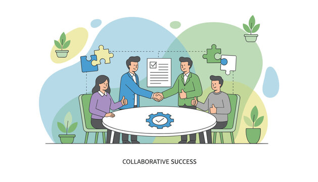 Collaborative success concept depicting business partners shaking hands and solving puzzles during a boardroom meeting.