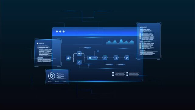 Futuristic AI workflow automation dashboard with ai agent assistant, coding panels and data analytics dashboard, looped animation