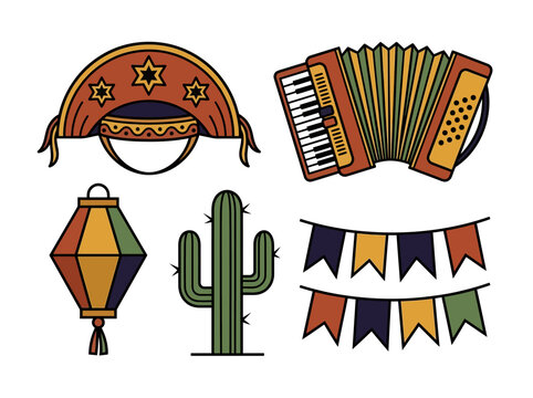Brazilian Festa Junina Icons Set: Cangaceiro Hat, Accordion, Cactus, Lantern, and Bunting