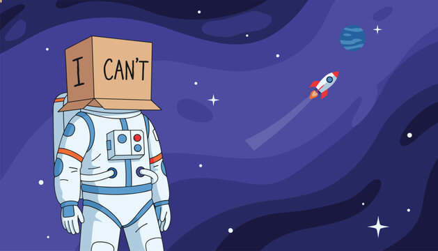 Astronaut standing in space with a cardboard box on their head expressing self doubt, while a rocket flies towards a distant planet.