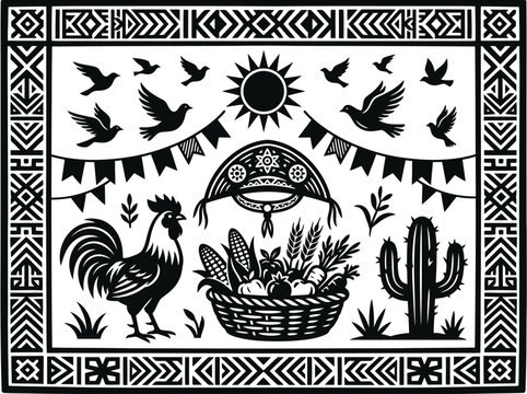 Brazilian Cordel Woodcut Illustration with Rooster, Cactus, and Sun for Festa Junina