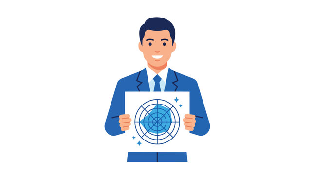 Radar chart data visualization held by businessman in minimalist flat design for corporate reporting