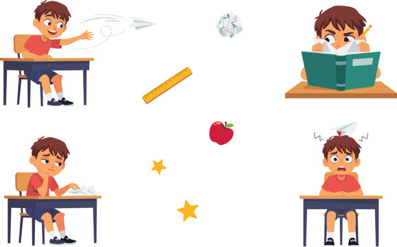 School Boy Vector Character Set Showing Naughty Actions Like Throwing Paper Plane Hiding Behind Book and Getting Distracted at Desk