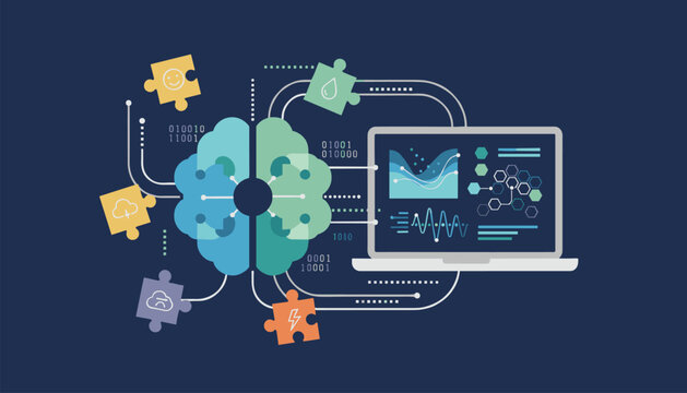 Artificial intelligence concept with stylized human brain connected to puzzle pieces and laptop displaying complex data analytics.