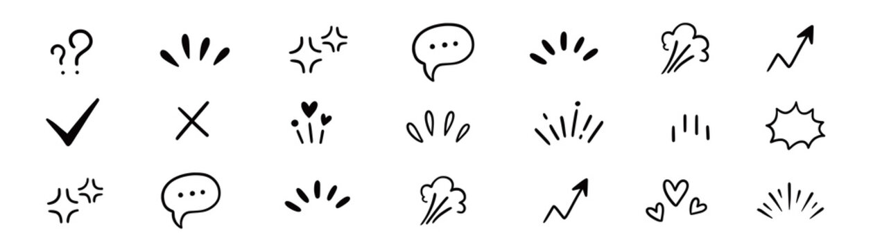 Effect comic line icon set. Hand drawn comic effect line with heart star arrow sketch mark movement. Angry manga question scribble emoji emotion sparkle emphasis doodle. Vector illustration