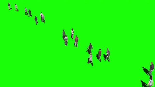 3D animation of a crowd of people walking down the street to visualize the visual effects of the chroma key green screen. 60 fps, 4k 3D illustration.