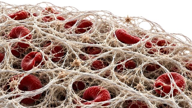 Fibrin Mesh Network Trapping Red Blood Cells &ndash; Blood Clot Microstructure Illustration