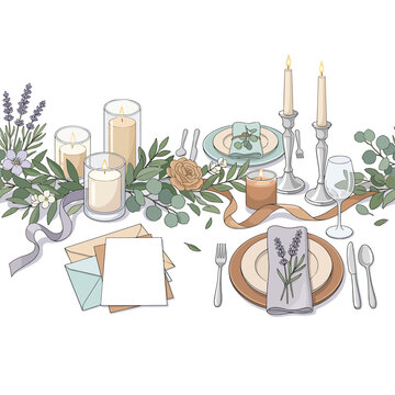 Elegant table setting with candles flowers.