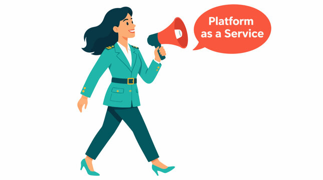 Woman with megaphone promoting platform as a service.