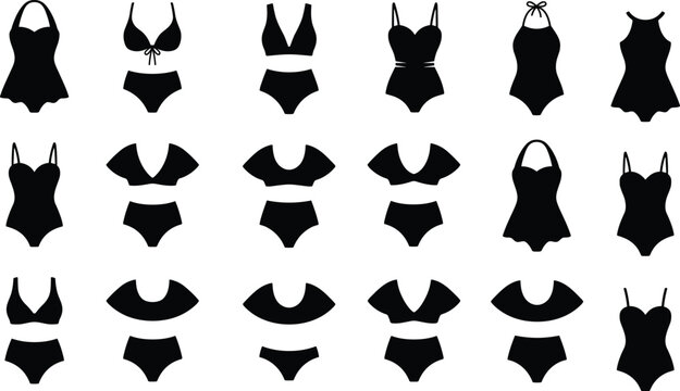 Swimwear vector icon set featuring female swimsuits bikinis and beachwear silhouettes isolated on a plain white background