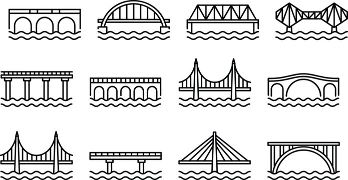 Bridge icon set featuring vector linear illustrations of suspension arch truss and cable stayed architecture structures over water