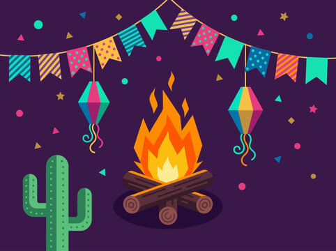 Festa Junina Brazilian June Festival Vector Illustration with Bonfire, Cactus, and Bunting Flags