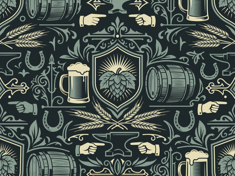 Vintage Brewing and Artisan Craft Seamless Pattern with Beer, Hops, and Anvil