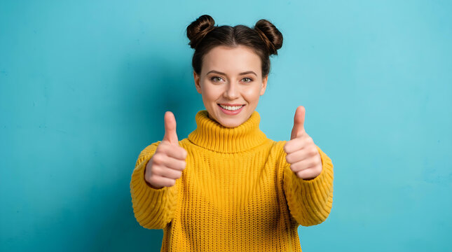 Happy Young Woman Showing Double Thumbs Up on Blue Background, Success, Approval and Positive Feedback Concept