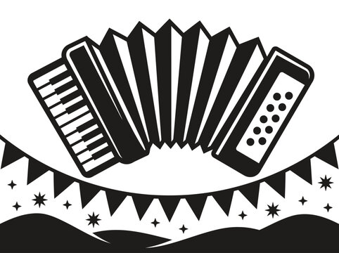 Stylized black and white accordion icon with festive bunting and stars for music festivals.