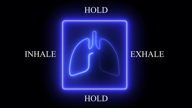 Neon lungs icon with breathing cycle timeline showing inhale, hold, exhale, and hold stages.