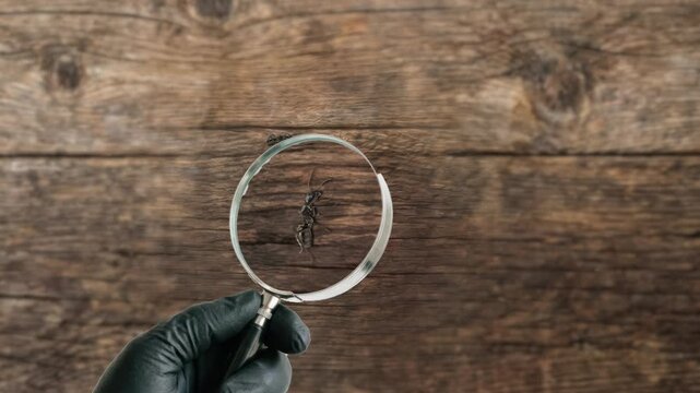Macro View of Ant Observed Through Magnifying Glass Held by Gloved Hand Against Wooden Background for Scientific Entomology Research, Pest Control Inspection, and Biological Documentation for Laborato