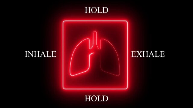 Neon lungs icon with breathing cycle timeline showing inhale, hold, exhale, and hold stages.