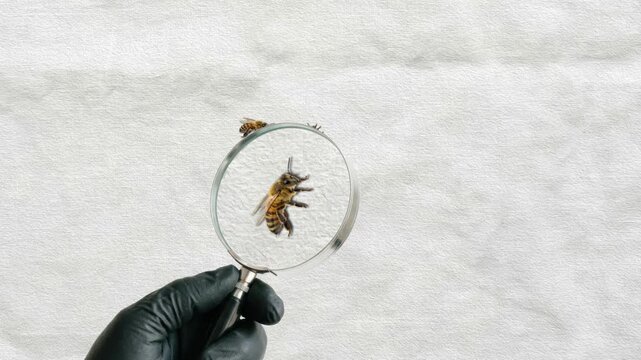 Macro View of Bee Observed Through Magnifying Glass Held by Gloved Hand for Scientific Entomology Research, Environmental Studies, and Professional Pest Control Inspection for Laboratory Analysis and 