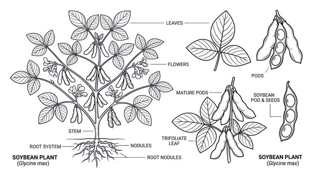 Soybean Plant Anatomy Diagram: Leaves, Flowers, Pods, Roots, and Seeds